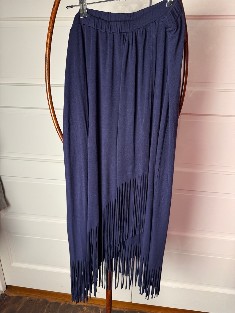 Fringe Maxi Skirt Spense Navy Faux Wrap Stretch Knit XL